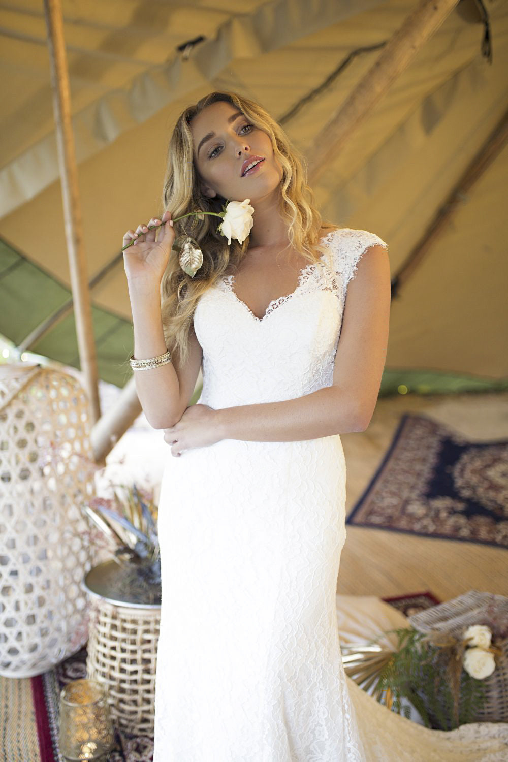 knee length dresses for ladies Boho Lace Boat Neck Sweep Train Chiffon Bridal Dress main image 1