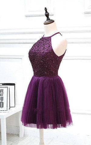 Short Halter Beaded Dress With Pleats-312329