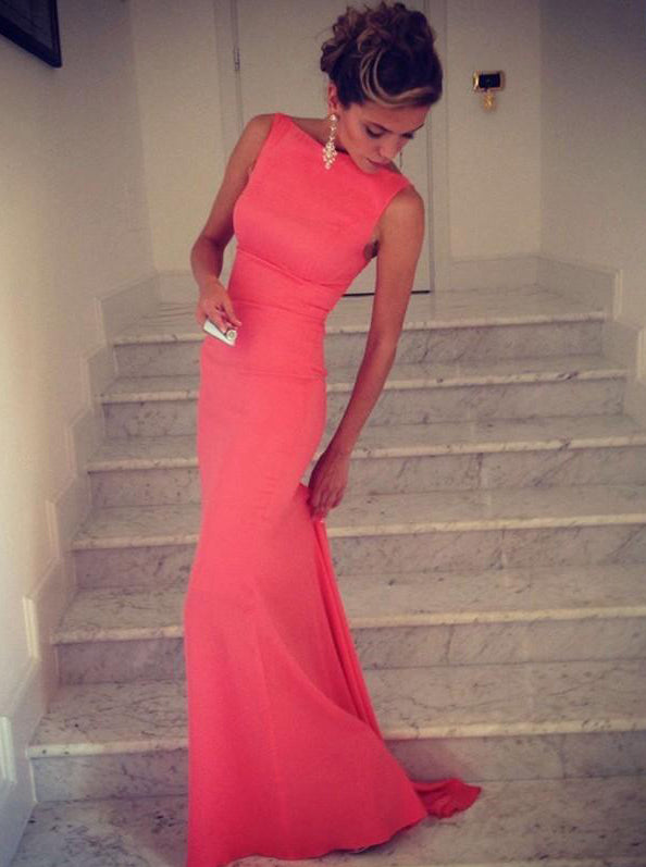trumpet mermaid high neck dress MillyBridal Trumpet/Mermaid High Neck Stretch Crepe Sweep Train Cascading Ruffles Prom Dresses