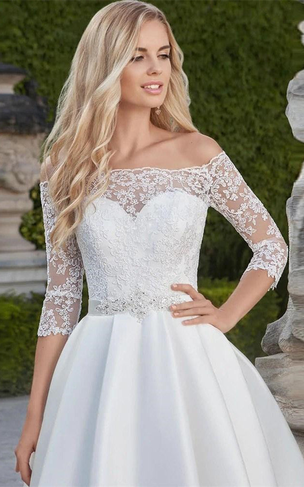 Off-the-shoulder A Line Satin Knee-length Wedding Dress with Sash-7160 –  DorrisDress