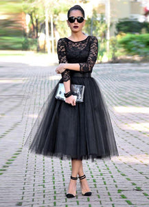 Sexy Black Lace 3 4 Sleeve Prom Dresses 2016 Tulle Tea-Length-318851