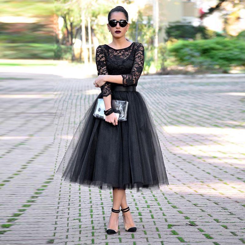 Sexy Black Lace 3 4 Sleeve Prom Dresses 2016 Tulle Tea-Length-318851 Sexy Black Lace 3 4 Sleeve Prom Dresses 2016 Tulle Tea-Length-318851