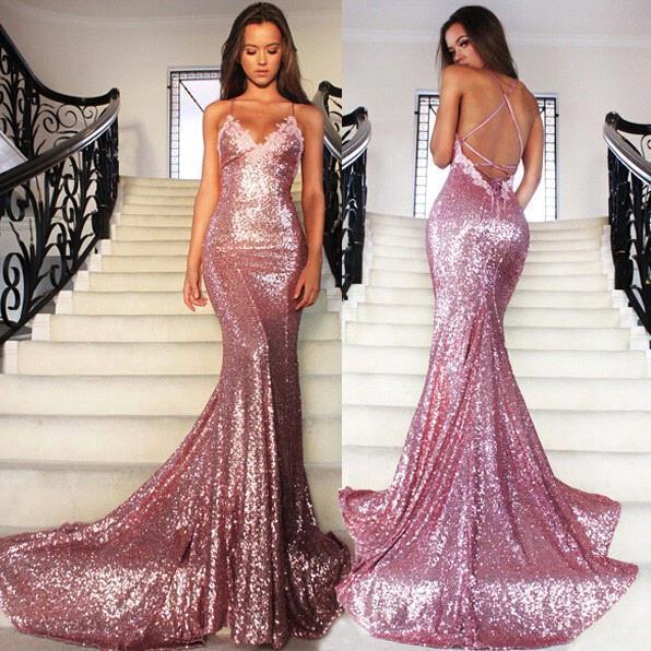 Glamorous Sequins V-Neck Prom Dresses 2016 Mermaid Spaghetti Straps Party Gowns-318867