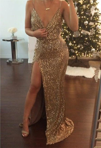 Sexy Sequined V-neck 2018 Prom Dress Front Split-318899