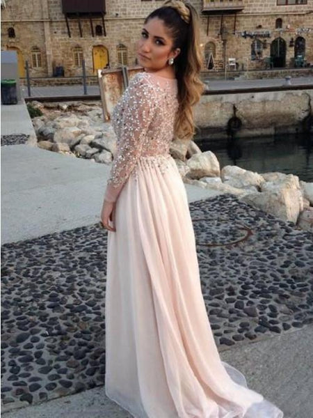 Glamorous Long Sleeve Beadings Prom Dresses 2016 Long Chiffon-318960