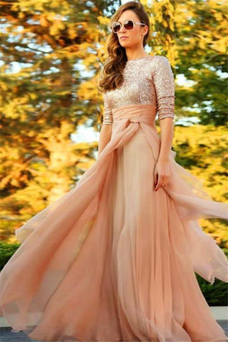 Stunning Sequins Long 2016 Evening Dress Half Sleeves Prom Gown-319003