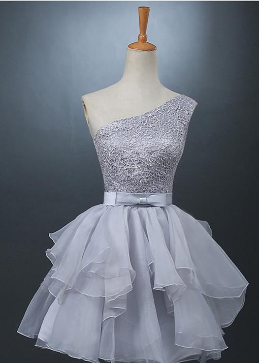 Lovely One-shoulder Short Chiffon Homecoming Dress Lace-up With Bowknot-319371