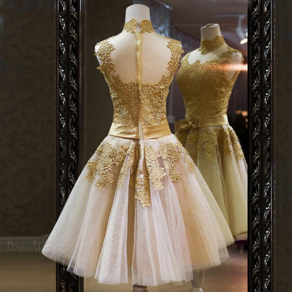 Gorgeous High Neck Sleeveless Golden Appliques Tulle Short Prom Dress-319512