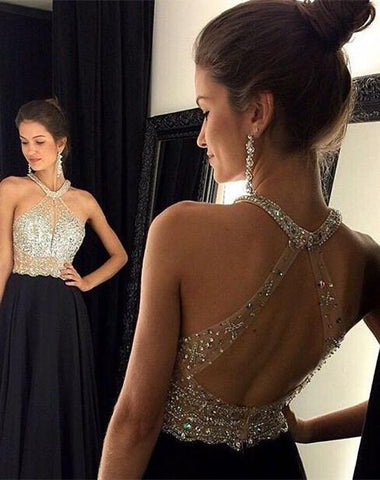 Chic Crystals Beading Chiffon Prom Dress 2016 A-line Halter Sleeveless