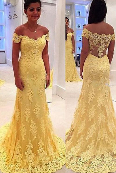 Modern Yellow Lace Appliques Evening Dress 2016 Mermaid Off-the-shoulder