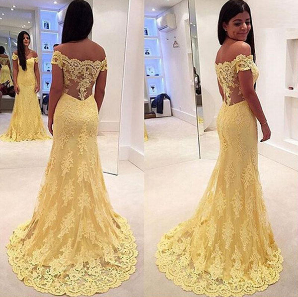 Modern Yellow Lace Appliques Evening Dress 2016 Mermaid Off-the-shoulder