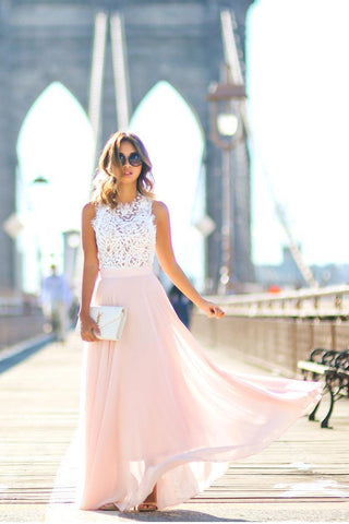 Lace Chiffon Sleeveless Floor Length Prom Dress