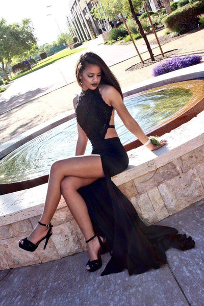 Sexy Black Halter Sleeveless 2016 Prom Dresses Slit with Appliques-323542