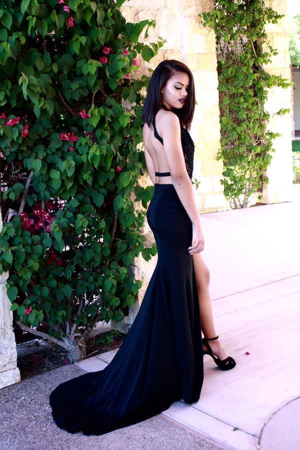 open lace back dress Sexy Black Halter Sleeveless 2016 Prom Dresses Slit with Appliques-323542