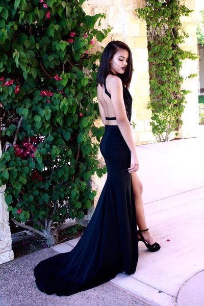 Sexy Black Halter Sleeveless 2016 Prom Dresses Slit with Appliques-323542