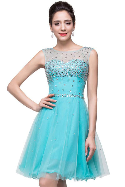 Classic Sleeveless Tulle Short Homecoming Dress With Crystals-324744