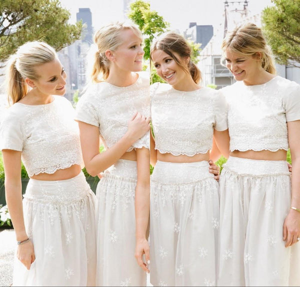 Modern White Two Piece A-line 2018 Bridesmaid Dress Lace Short Sleeve Jewel-326235