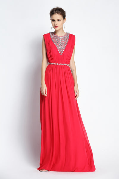 A-Line Floor-length Jewel Chiffon Sleeveless Prom Dress with Beading and Ruching-334084