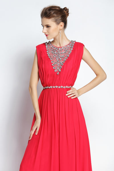 A-Line Floor-length Jewel Chiffon Sleeveless Prom Dress with Beading and Ruching-334084
