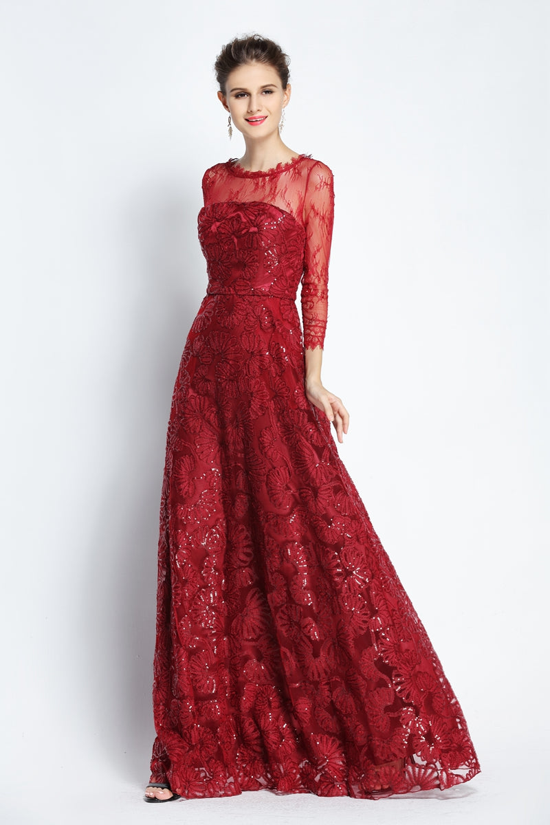 A-Line Floor-length Bateau Scalloped Lace Long Sleeve Prom Dress with Beading and Pockets-334088