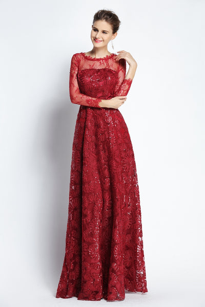 A-Line Floor-length Bateau Scalloped Lace Long Sleeve Prom Dress with Beading and Pockets-334088