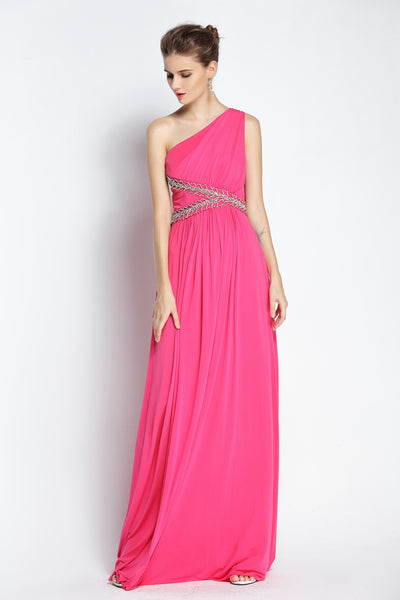 A-Line Floor-length One-shoulder Chiffon Sleeveless Prom Dress with Beading and Ruching-334092