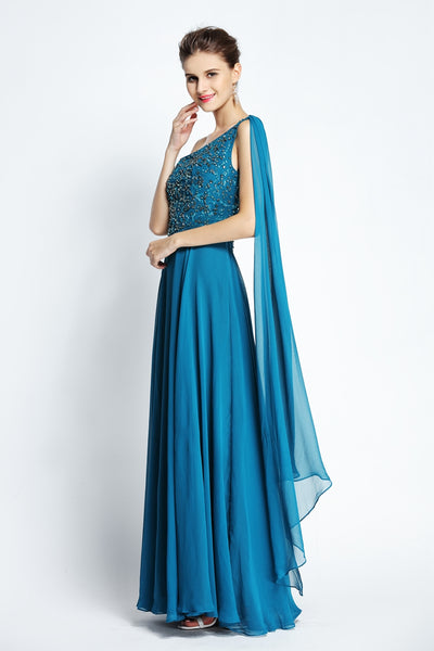 A-Line Floor-length One-shoulder Chiffon Sleeveless Prom Dress with Beading and Draping-334094