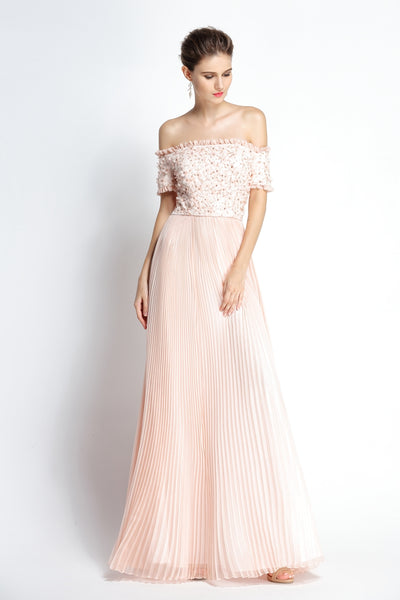 A-Line Floor-length Off-the-shoulder Chiffon Short Sleeve Prom Dress with Beading and Pleats-334101
