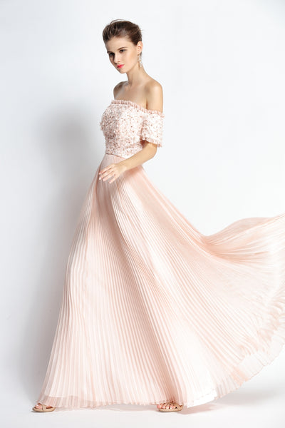 A-Line Floor-length Off-the-shoulder Chiffon Short Sleeve Prom Dress with Beading and Pleats-334101
