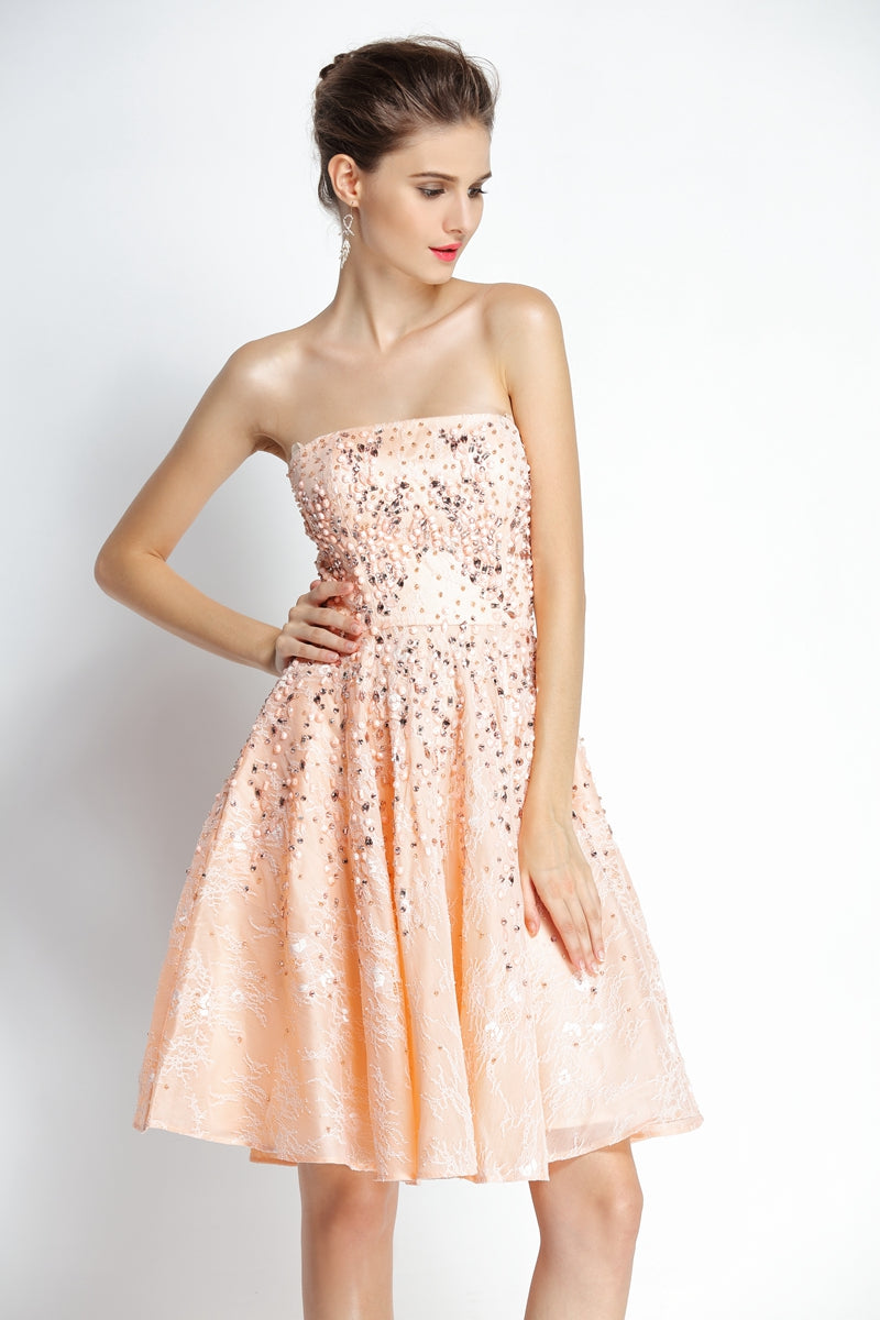 A-Line Knee-length Strapless Lace Sleeveless Prom Dress with Beading-334102