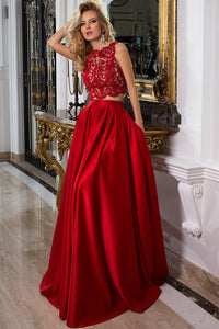 Sleeveless Jewel Neck Appliqued Satin Prom Dress With Illusion Back