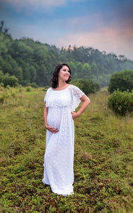 White Flutter Top Pregnant A-Line Vintage Lace Gown
