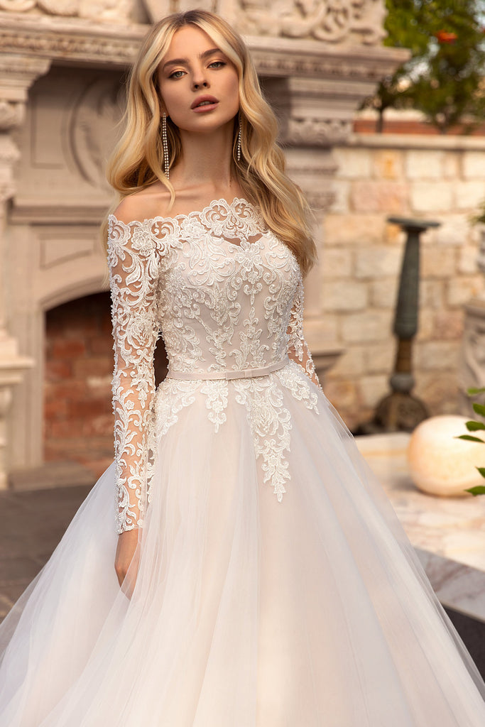 Off-the-shoulder Sash Illusion Long Sleeve And Button Back Ballgown La DorrisDress Off-the-shoulder Sash Illusion Long Sleeve And Button Back Ballgown La DorrisDress