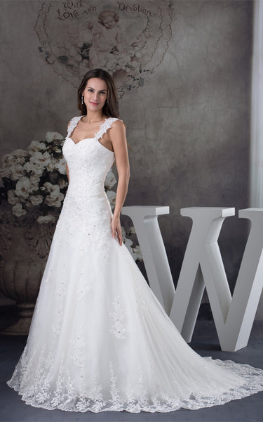 Strapped Lace A-Line Gown with Beading and Court Train