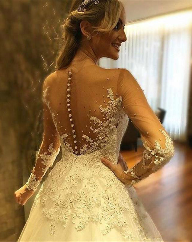 Illusion Deep V Neck Pearls Beaded Backless Sheer See Through Lace Wed DorrisDress Illusion Deep V Neck Pearls Beaded Backless Sheer See Through Lace Wed DorrisDress