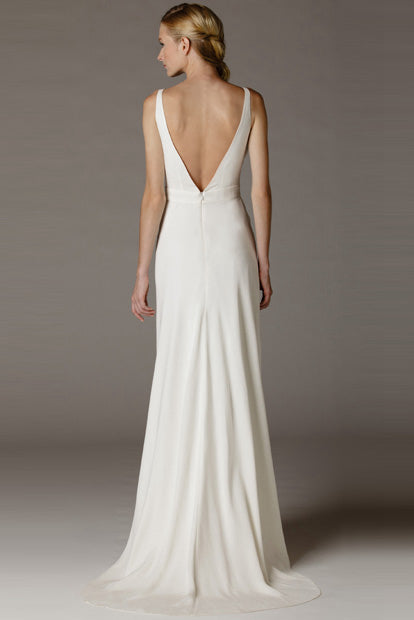 High-Low V-Neck Ruched Draped Chiffon Wedding Dress With Brush Train And V Back-MK_701289 High-Low V-Neck Ruched Draped Chiffon Wedding Dress With Brush Train And V Back-MK_701289