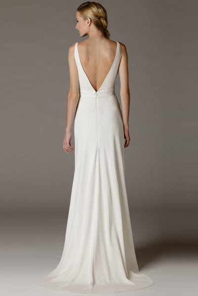 High-Low V-Neck Ruched Draped Chiffon Wedding Dress With Brush Train And V Back