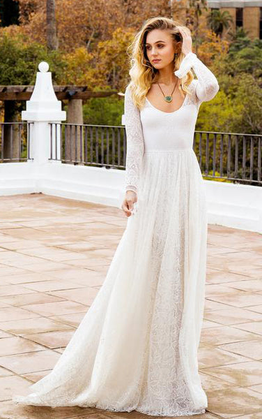 Bohemian A Line Lace Long Sleeve Scoop Floor-length Wedding Dress with Keyhole and Sweep Train