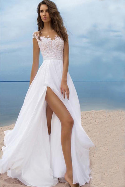 Sexy Beach Style Chiffon A-line Scoop-neck Cap-sleeve Slit Front Dress with Lace