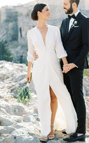 Casual Sheath Plunging Neckline Chiffon Wedding Dress With Open Back And Split Front