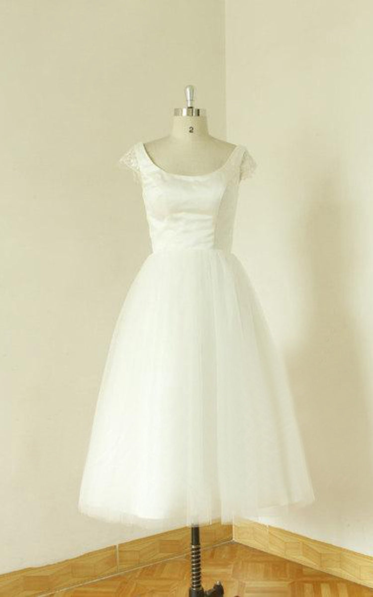 Jewel Neck Cap Sleeve A-Line Tea-Length Tulle Wedding Dress