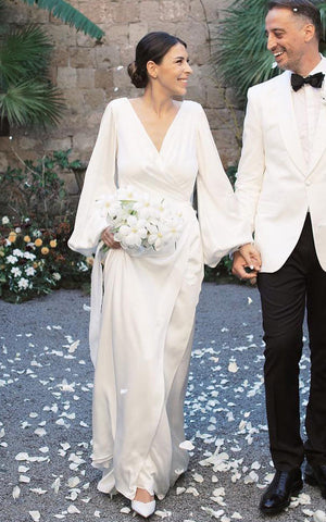 Simple A-Line Charmeuse Wedding Dress With Low-V Back And V-neck