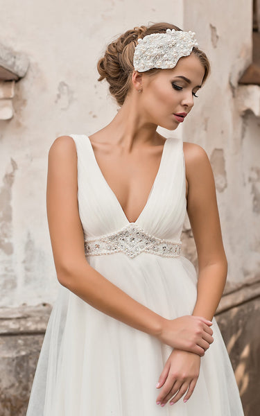 V-neck Empire A-line Chiffon Wedding Dress With Beading And Pleatings