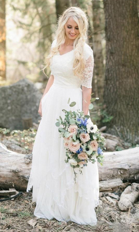 Bohemian Forest Modest V Neck Half Sleeves Lace Chiffon Bridal Gown