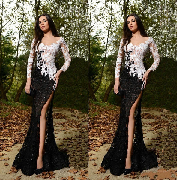 Sexy Lace Appliques Mermaid Prom Dress 2018 Front Split Black and White