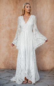 Simple Modest Casual Beach Boho Lace A-Line Wedding Dress with V-Neck and Sweep Train