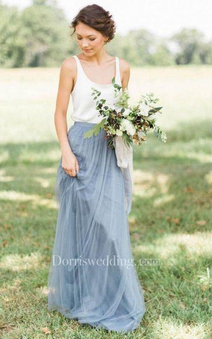 Sleeveless A-line Long Tulle Gown with Pleats and Scoop Neck