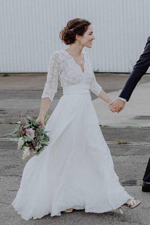 Boho Chiffon and Lace Scalloped 3/4 Sleeve Wedding Dress with V Back