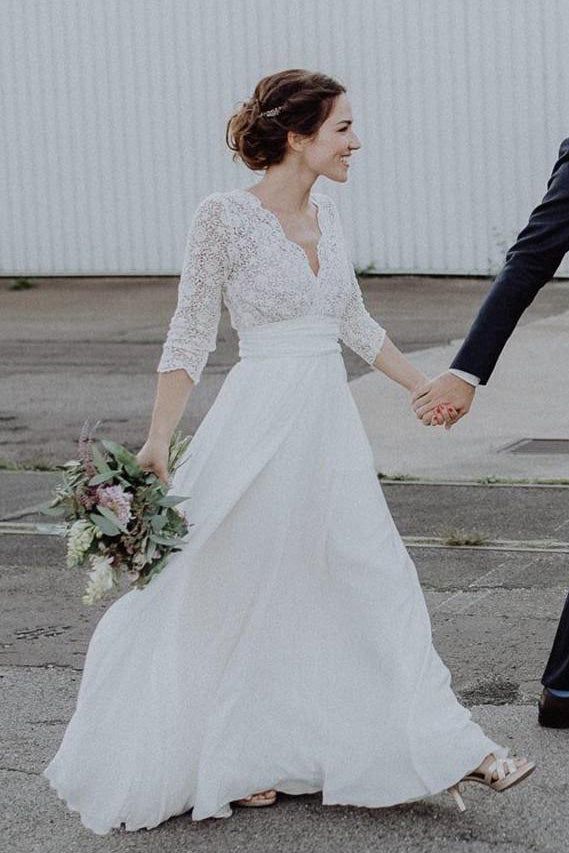 Boho Chiffon and Lace Scalloped 3/4 Sleeve Wedding Dress with V Back-7 – DorrisDress