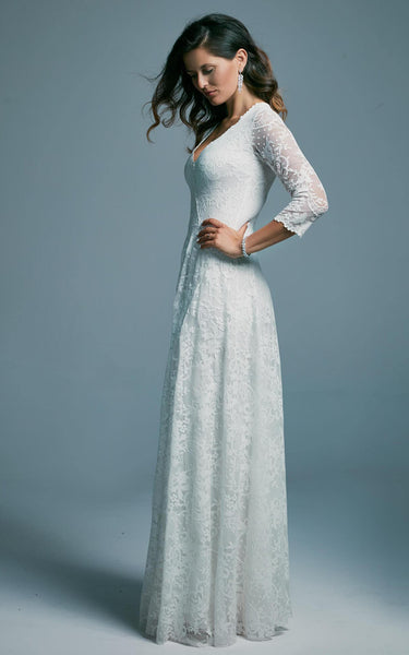Lace V-neck Bohemian V-neck Sheath Wedding Dress With Zipper Back And Appliques
